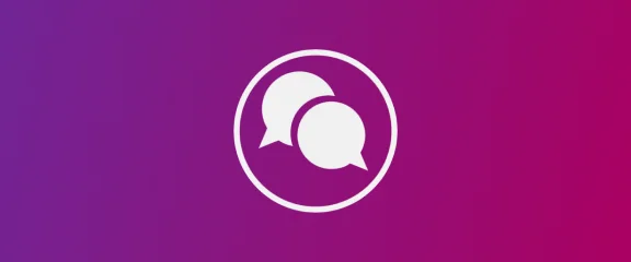 Dois ícones de conversação num círculo com fundo roxo.
