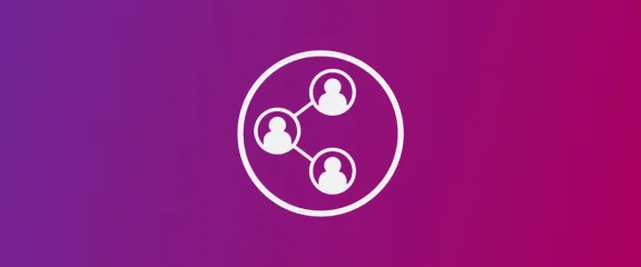 Um círculo branco com três pessoas em um fundo roxo.